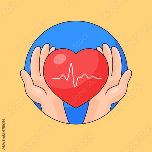 Hand take care heart beat healthy vector outline cartoon style illustration