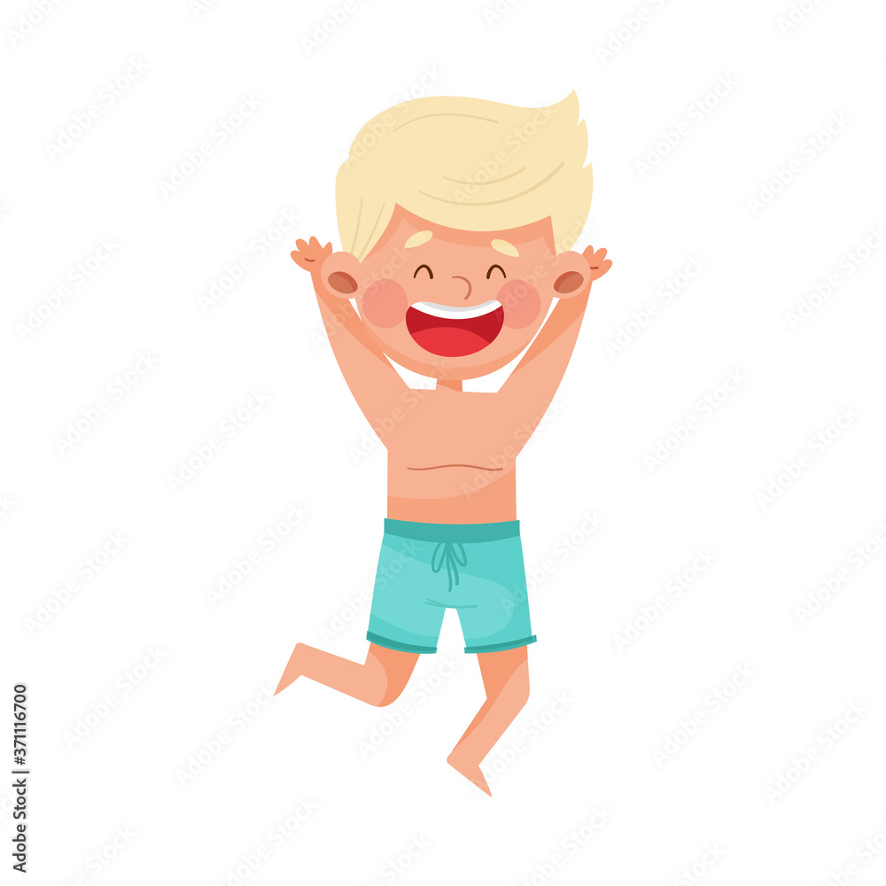 Excited Boy Character in Swimming Trunks Jumping with Joy at Sea Shore Vector Illustration Excited Boy Character in Swimming Trunks Jumping with Joy at Sea Shore Vector Illustration