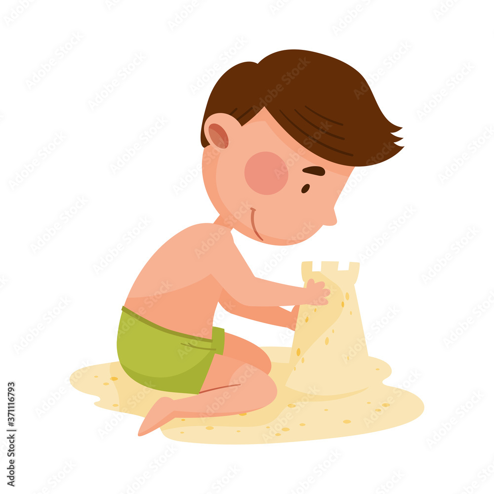 Cute Boy Character at Sea Shore Wearing Swimming Trunks and Building Sand Castle Vector Illustration. Cute Boy Character at Sea Shore Wearing Swimming Trunks and Building Sand Castle Vector Illustration.