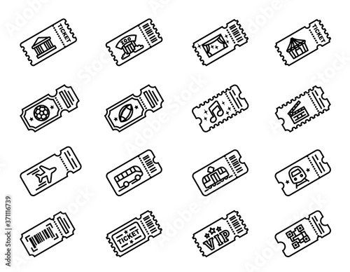Collection of ticket to VIP, Movie, Cinema, Circus, Party, Concert, Music, Sport, Soccer, Zoo, Musuem, Transportation vector icons with white background. Thin Line Style stock vector.