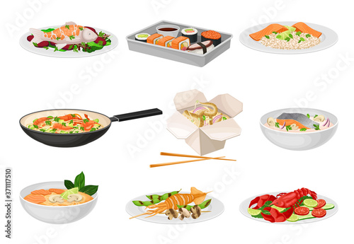 Salmon Soup and Noodles with Shrimp as Seafood Dishes Vector Set