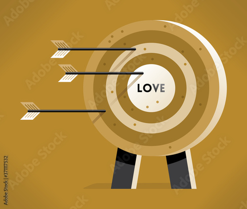 Love Target with hitting bullseye arrows. Concepts: Cupid's love arrows hitting symbol of human heart, wedding, marriage, engagement, Valentines day, honeymoon, online dating, relationships searching.