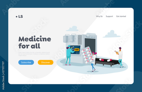 Pills Producing Industry, Pharmacy, Healthcare Landing Page Template. Doctor Pharmacist Characters Control Conveyor Belt