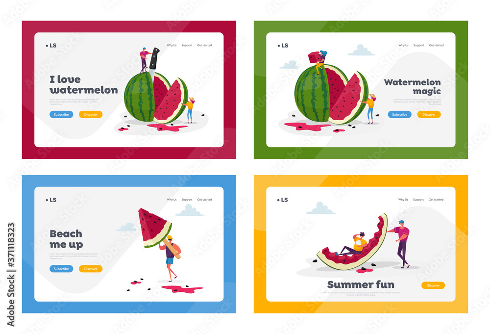 Tiny Characters Enjoying Huge Watermelon Landing Page Template Set. Summer Time, Group of People, Family and Friends