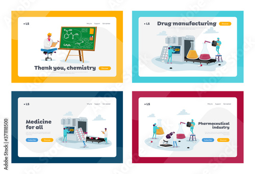 Pharmaceutical Medical Industry Producing Factory Landing Page Template Set. Tiny Pharmacist Characters at Huge Conveyor