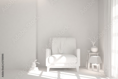 Stylish minimalist room with armchair in white color. Scandinavian interior design. 3D illustration