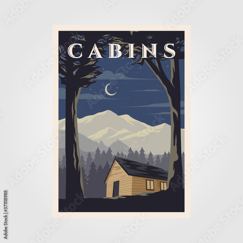 vintage cabins poster vector illustration design, night camp in cottage background design