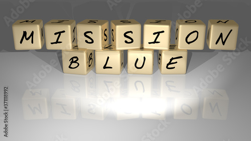 Obraz na plátne MISSION BLUE text of cubic dice letters on the floor and 3D icon on the wall - 3