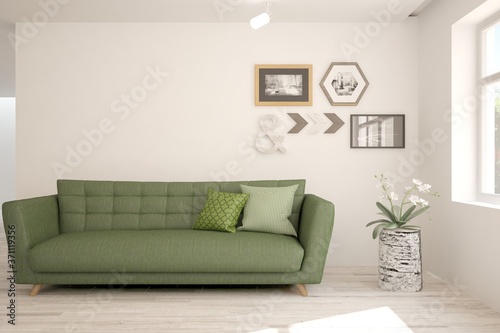 White stylish minimalist room with green sofa. Scandinavian interior design. 3D illustration