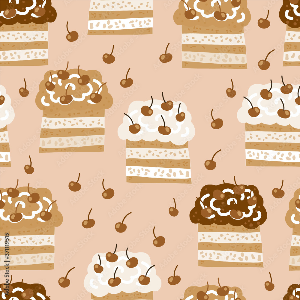 seamless pattern in a delicate beige color scheme with the image of cakes with air chocolate cream. Drawing in cartoon style. Decor for textiles and packaging paper.