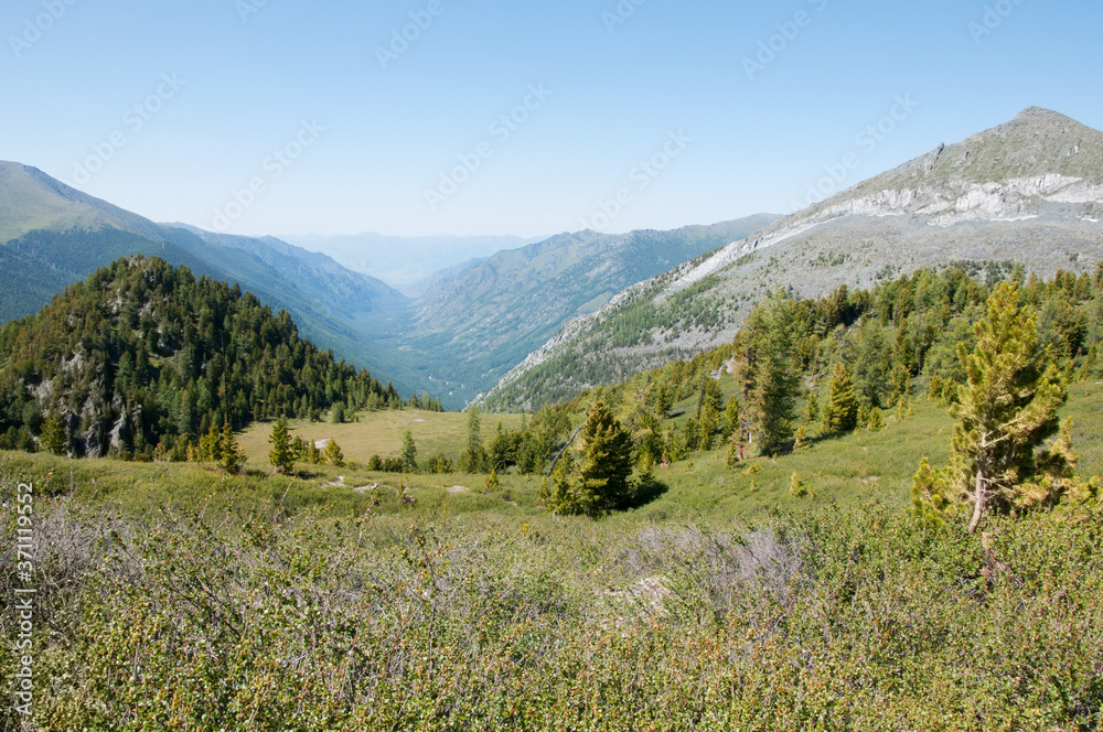 Landscape view of Altai wilderness with its mountains and green meadows in summer, natural park Belukha, Russian Federation