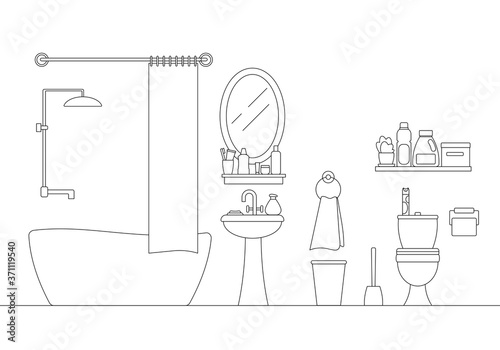 Cozy bathroom linear interior scene with furniture isolated on white background. Black silhouete of bath, mirror, shower, sink, towel, toilet bowl line art design. Editable stroke vector illustration.