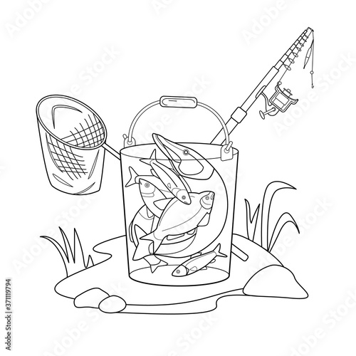 Fish in a bucket, fishing rod, landing net. Vector black and white outline illustration. Coloring book page.Isolated on white background.