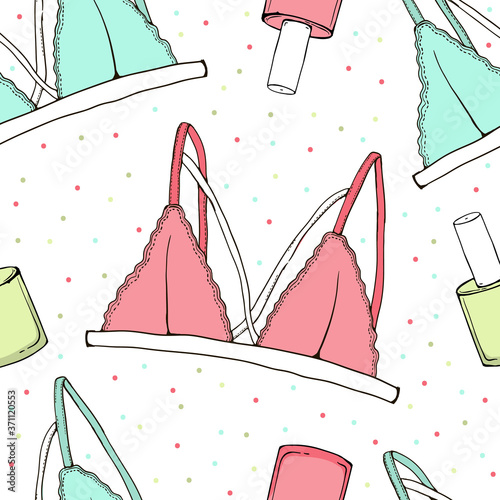 Seamless pattern beauty cosmetic makeup hand draw. Women and girl elegant design.