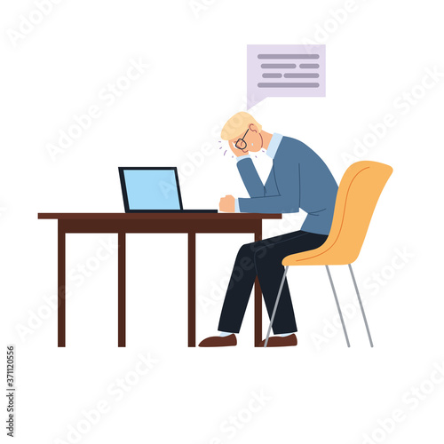 businessman cartoon with headache on chair and desk vector design