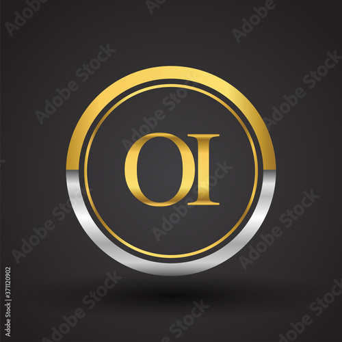 OI Letter logo in a circle, gold and silver colored. Vector design template elements for your business or company identity.