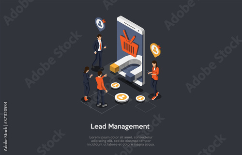 Finance, Business, Lead Management Concept. Male And Female Characters Encircle The Huge Smartphone With Busket And Magnet Images On The Screen Using Their Devices. 3d Isometric Vector Illustration