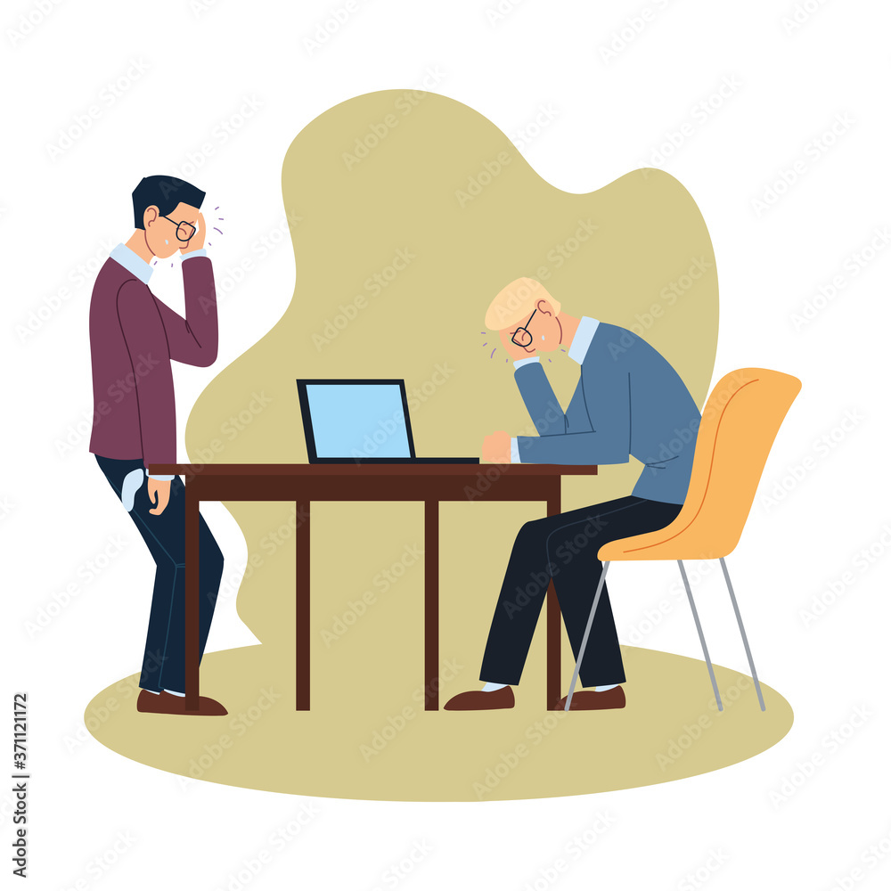Businessmen cartoons with headache and desk vector design