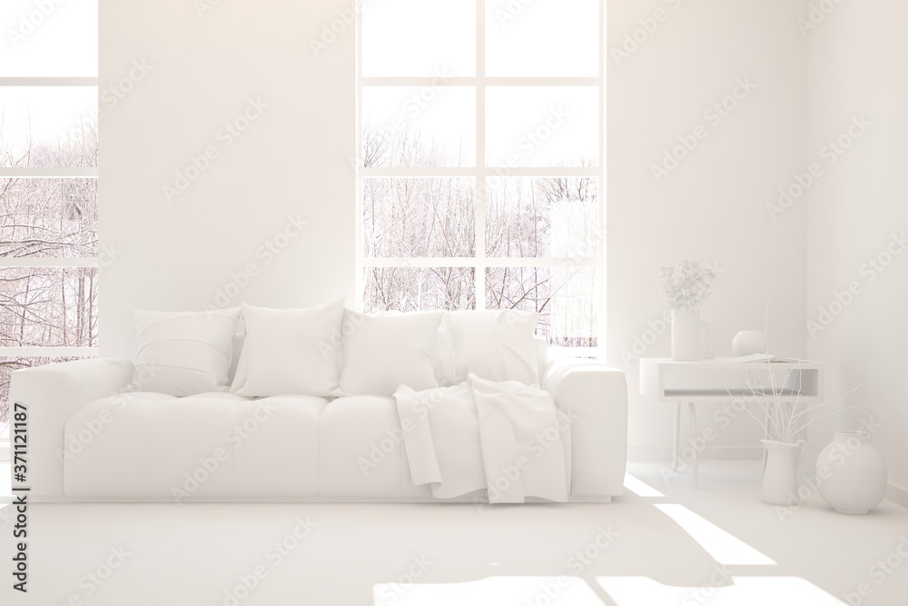 Fototapeta premium White stylish minimalist room in grey color with sofa and winter landscape in window. Scandinavian interior design. 3D illustration