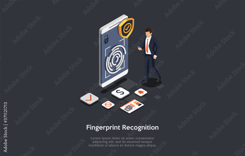 Naklejka premium Innovation Technologies, Finger Recognition Concept. Man Uses Finger Recognition To Access The Bank Accounts, Calendar, Alarm Clock And Other Functions On Smartphone. 3d Isometric Vector Illstration