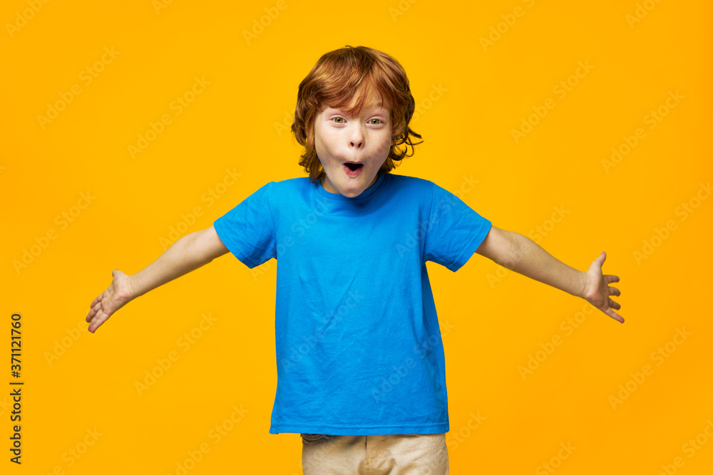 Cheerful boy smiling at camera gesture with hands to hand surprise childhood blue t-shirt Cheerful boy smiling at camera gesture with hands to hand surprise childhood blue t-shirt