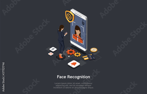 Modern Technology, Device Unlock, Face Recognition, Face Unlock Concept. Female Character Gets Access To Functions And Settings On Smartphone Using Face Recognition. 3d Isometric Vector Illstration