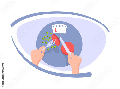 Dieting concept - diet food on plate with weight scales and hands with fork and knife - healthy weight loss nutrition illustration