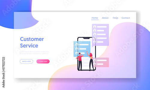 Management, Consumerism Landing Page Template. Tiny Business Characters at Huge Smartphone Learning Customers Base