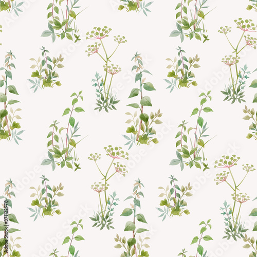 Beautiful vector seamless floral pattern with watercolor forest plants. Stock illustration.