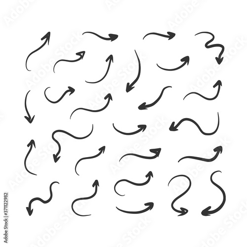 Set, collection of black doodle, hand drawn arrows isolated on white background.