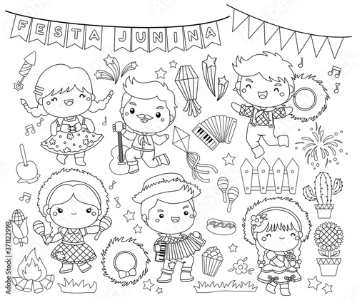 vector collection of the celebration of Festa Junina festival in black and white colour