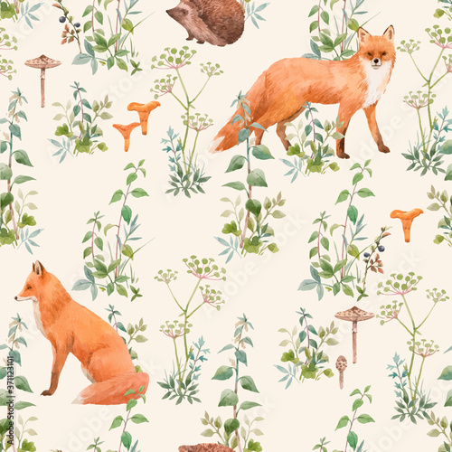 Canvas Print Beautiful vector seamless floral pattern with watercolor forest plants and animals