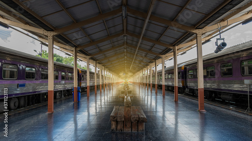 Benches for waiting for a train at Chiang Mai Railway Station, Thailand.