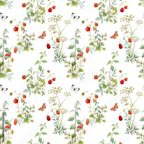 Beautiful vector seamless floral pattern with watercolor forest plants and berries. Stock illustration.