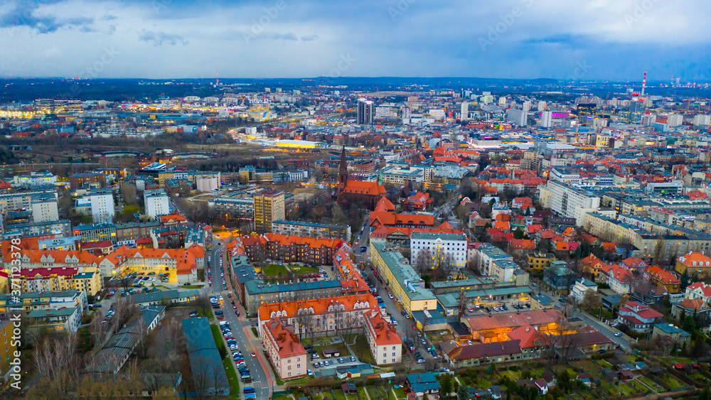 View from drone of Katowice cityscape at twilight in spring, Silesia Province, Poland..