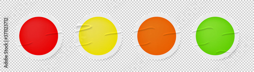 Sticker blank with wrinkles colored adhesive mock up set, round collection of curved sticky circle paper folded realistic fold vector isolated illustration