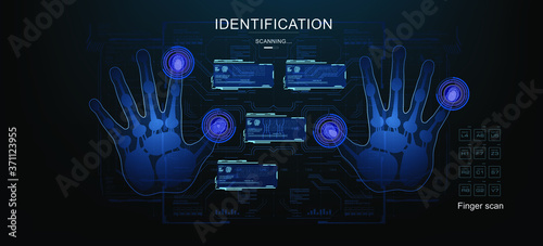 Palm scan with display on holographic HUD panels. Futuristic scan of human hands with HUD elements. Finger identification and scanning. Technology digital screen of the future