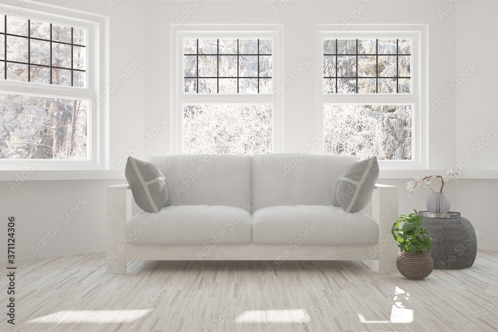 Fototapeta premium White stylish minimalist room with sofa and winter landscape in window. Scandinavian interior design. 3D illustration