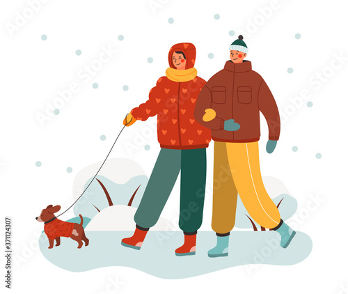 Weather and people concept with a young couple out walking their dog in winter snow conceptual of the seasons, colored vector illustration
