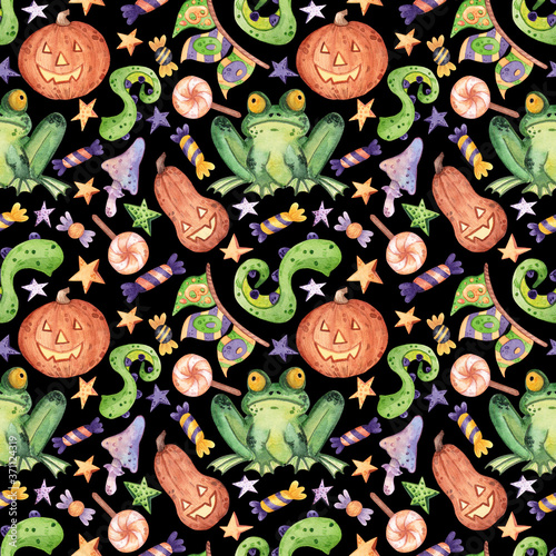 Dark hand-drawn seamless Halloween pattern. Spooky watercolor background with tentacle, pumpkin, toad, toadstools and sweets for wrapping paper, fabrics, packaging and postcard designs, party, cover