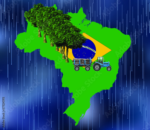 Representation of Brazilian rain forest deforestation by illegal logging activity set against a rainfall background