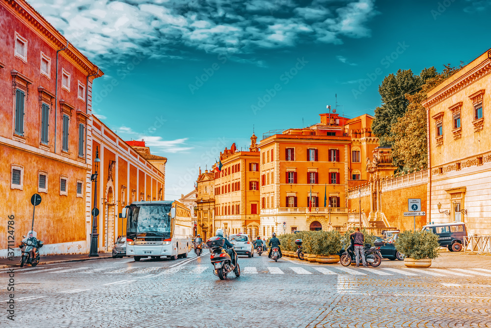 ROME, ITALY- MAY 09, 2017:  Beautiful landscape  urban and historical view of the Rome, street, people, tourists on it, urban life of the Eternal City.