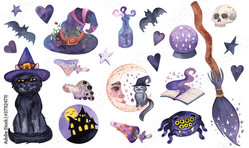 Set of hand-drawn watercolor illustrations for Halloween. Witch hat and broomstick, black cat, magic ball, spell book for Halloween decoration stickers, packaging and interior designs, cards, posters.