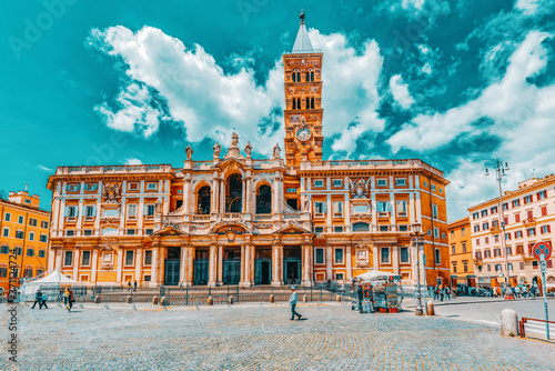 ROME, ITALY - MAY 08, 2017 : Square of Santa Maria Maggiore  (Piazza di Santa Maria Maggiore)and Santa Maria Maggiore church, with people and tourist's. Italy.