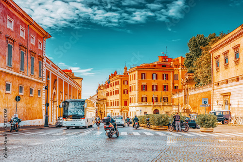 ROME, ITALY- MAY 09, 2017: Beautiful landscape urban and historical view of the Rome, street, people, tourists on it, urban life of the Eternal City.