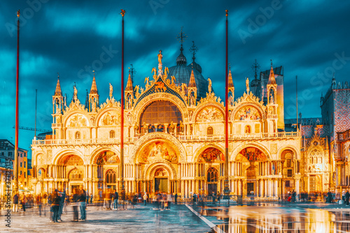 Square of the Holy Mark (Piazza San Marco) and St. Mark's Cathedral (Basilica di San Marco) at the night time. Venice, Italy. © BRIAN_KINNEY