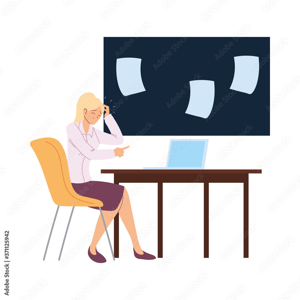 businesswoman cartoon with headache on chair and desk vector design businesswoman cartoon with headache on chair and desk vector design