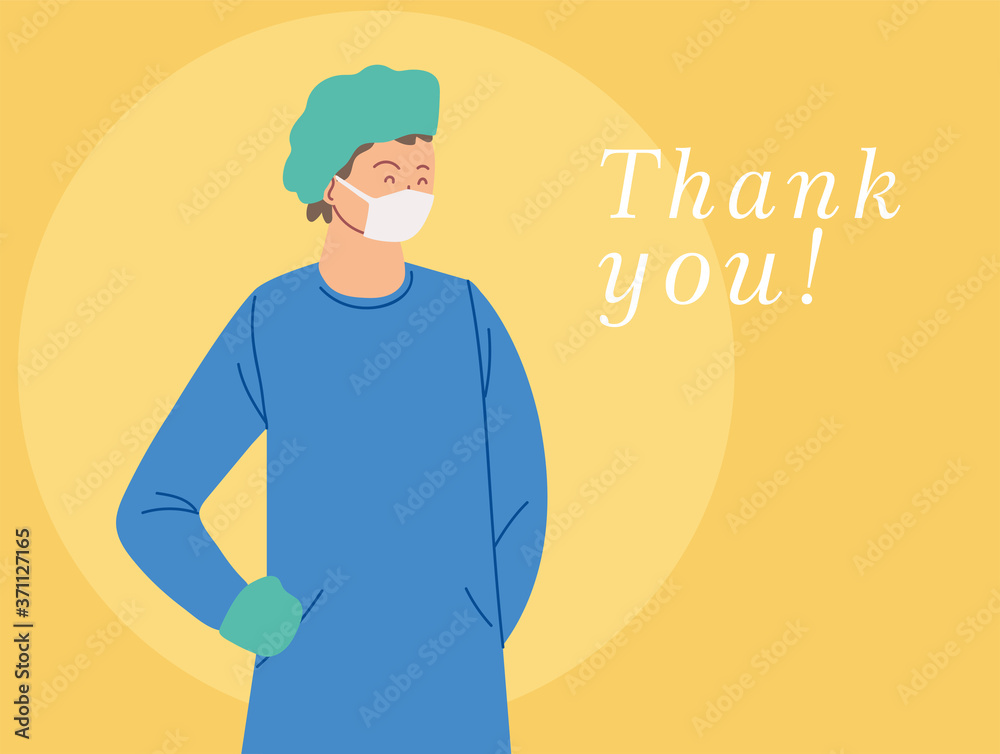 man doctor with uniform mask and thank you text vector design