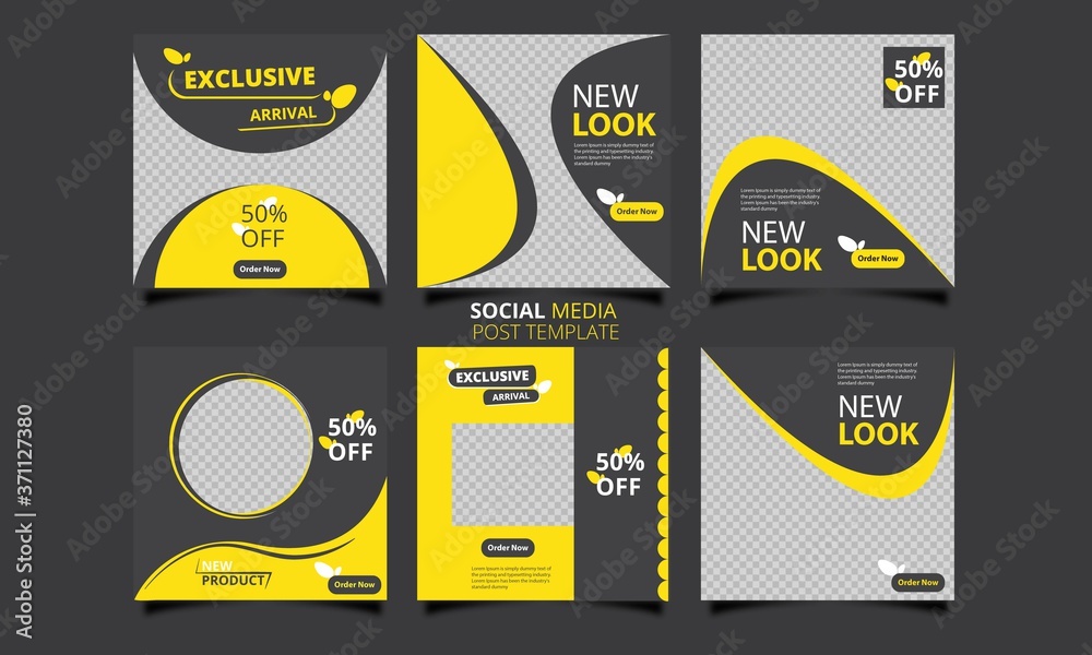 Set of Editable square banner template. contrast yellow  color with stripe line shape. Suitable for social media post, Instagram and web internet ads. Vector illustration with photo college