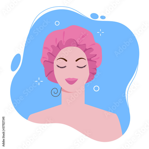 Young woman in shower cap in bath for protect wet hair. Vector cartoon flat illustration isolated on white background.